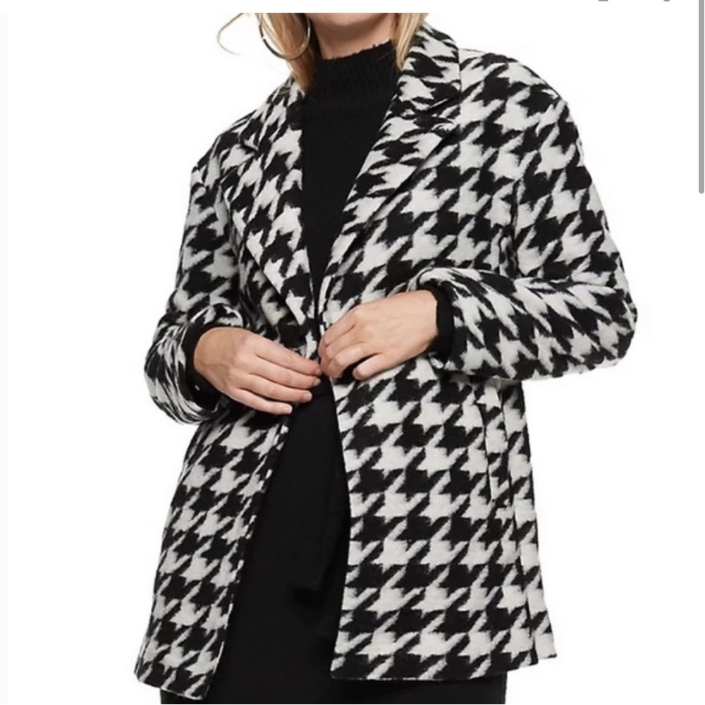 Nine West Black & White Houndstooth Pea Coat Small NWOT Classic Pattern